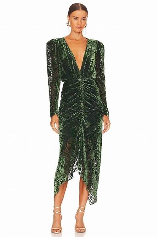 Ronny Kobo Astrid Green Animal Print Velvet Ruched Long Sleeve Midi Dress Xs
